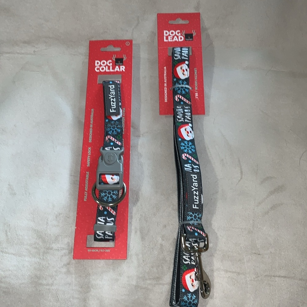 🎄🧑‍🎄 FuzzYard Santa Paws Christmas Dog Collar (Lg) & Lead Leash Set Gray NWT